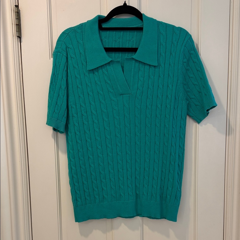 Amazon Women's Teal Cable-Knit Short Sleeve V-Neck Sweater